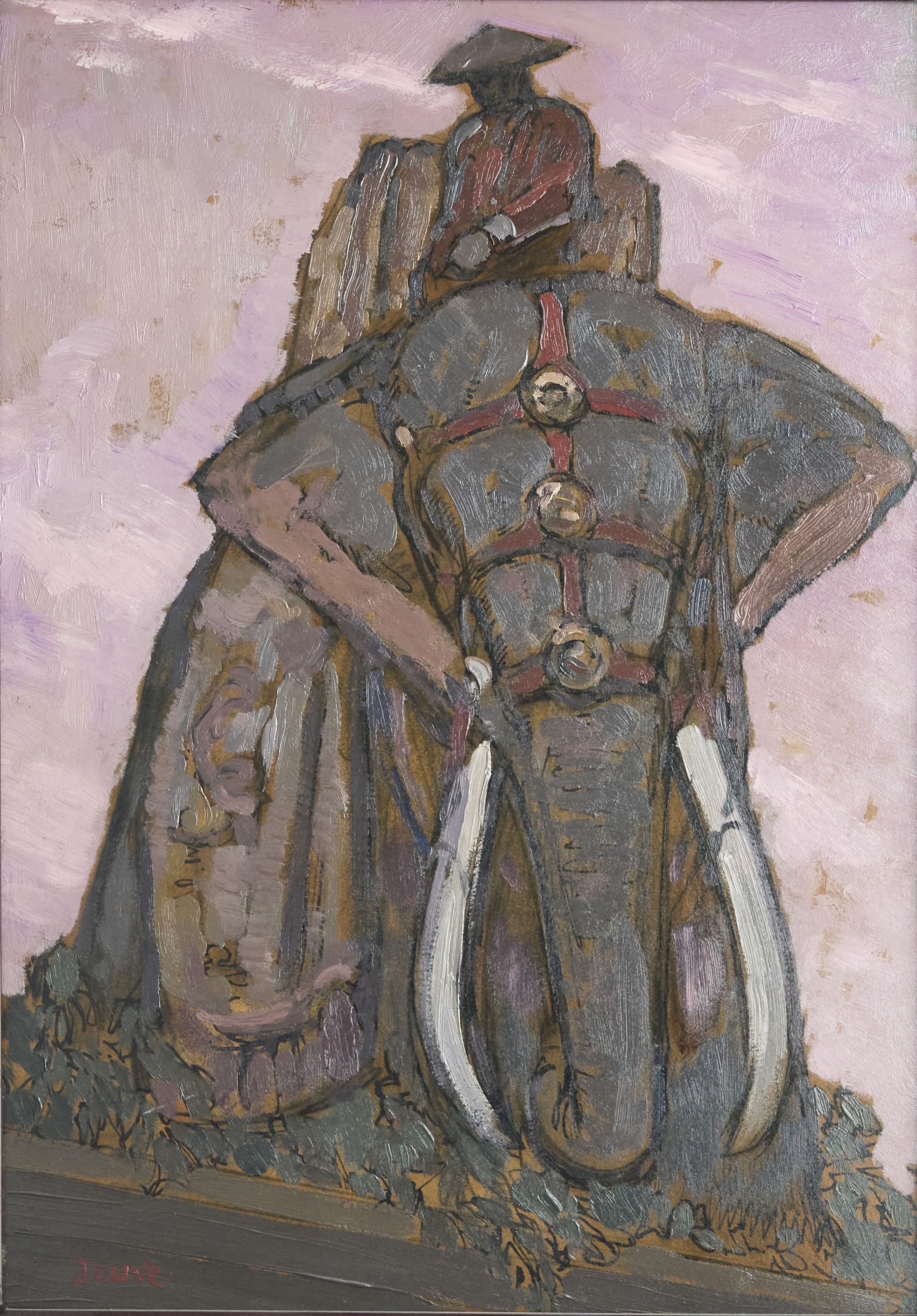 Éléphant carapaçonné et son mahout, C 1923.